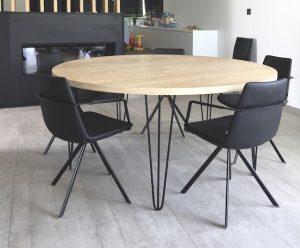 Belgian Wood Design ronde eiken tafel op maat met haarspeld poten